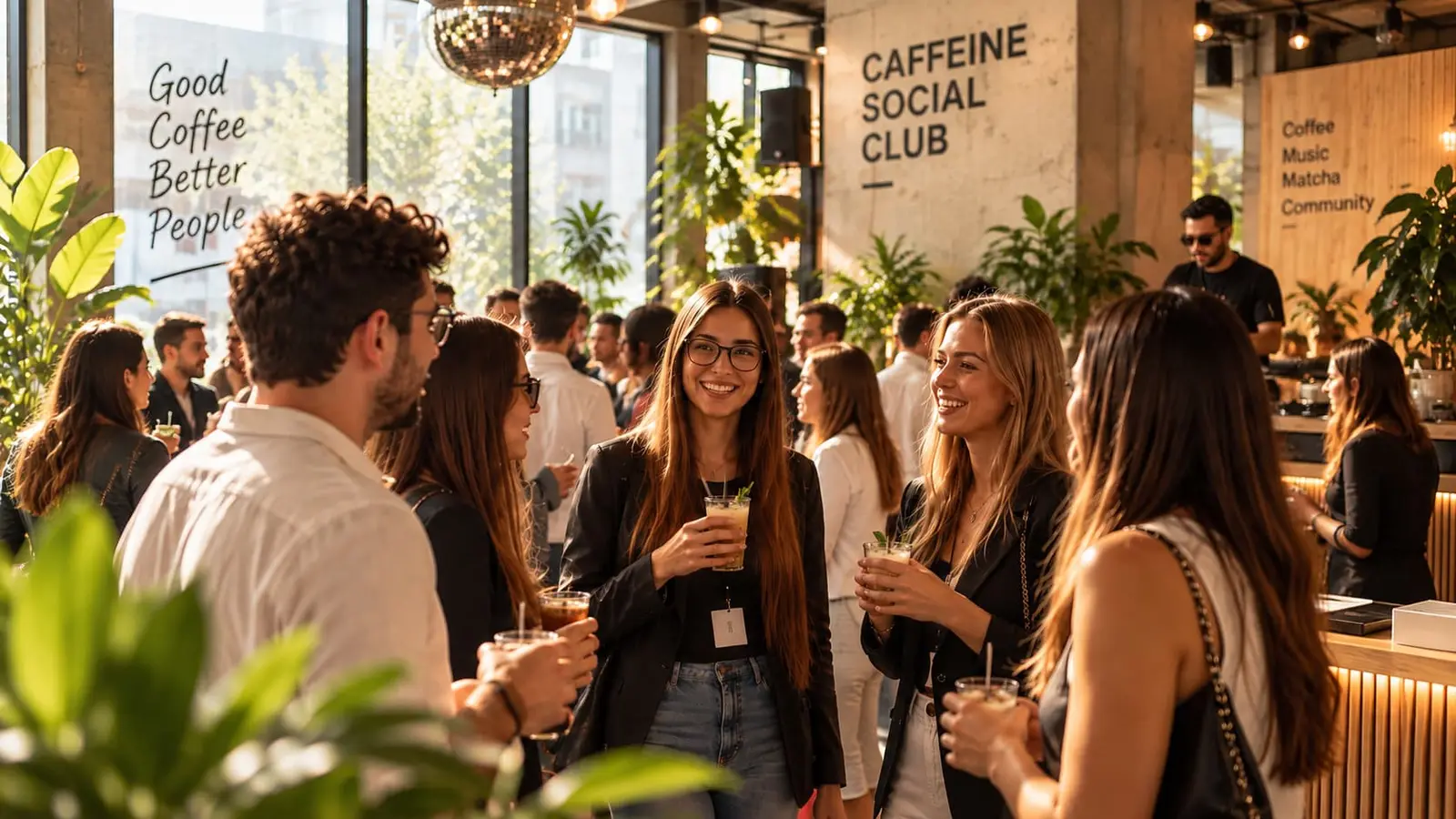 Personas conversando en un evento social de Caffeine en Madrid
