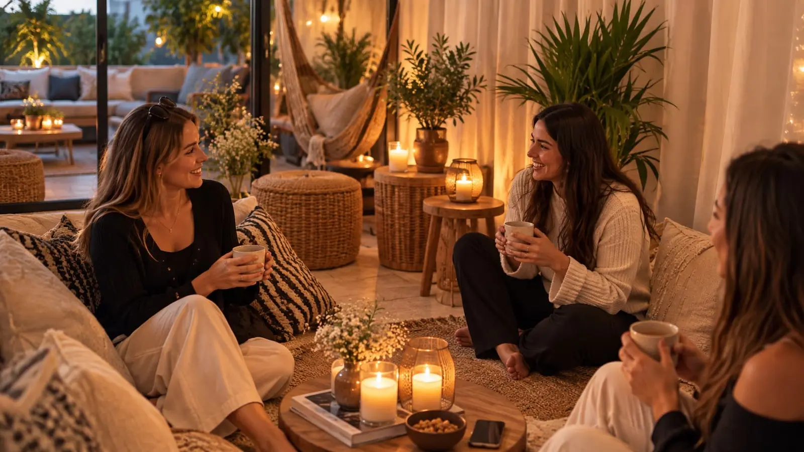 Tres amigas charlando con tazas de café en un salón acogedor con velas y plantas